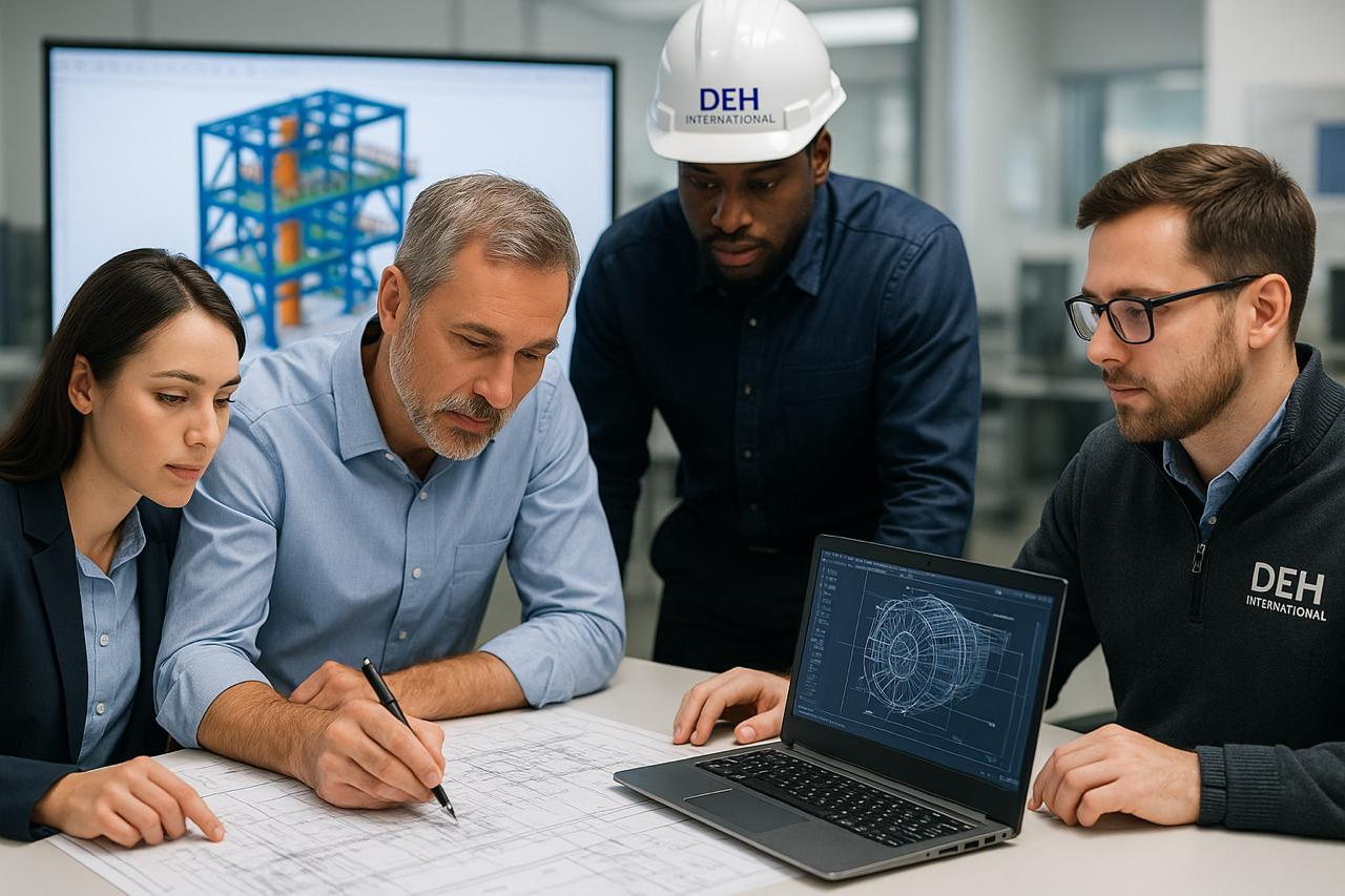 DEH Global engineering team collaborating on technical drawings and 3D models